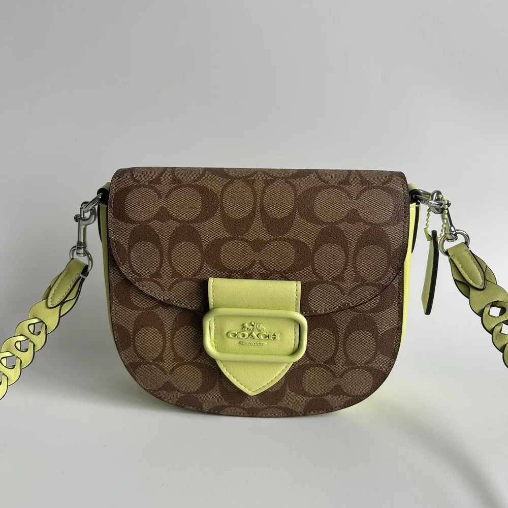 Coach Morgan Saddle Bag Brown Lime Signature Canvas CJ615 Excellent
